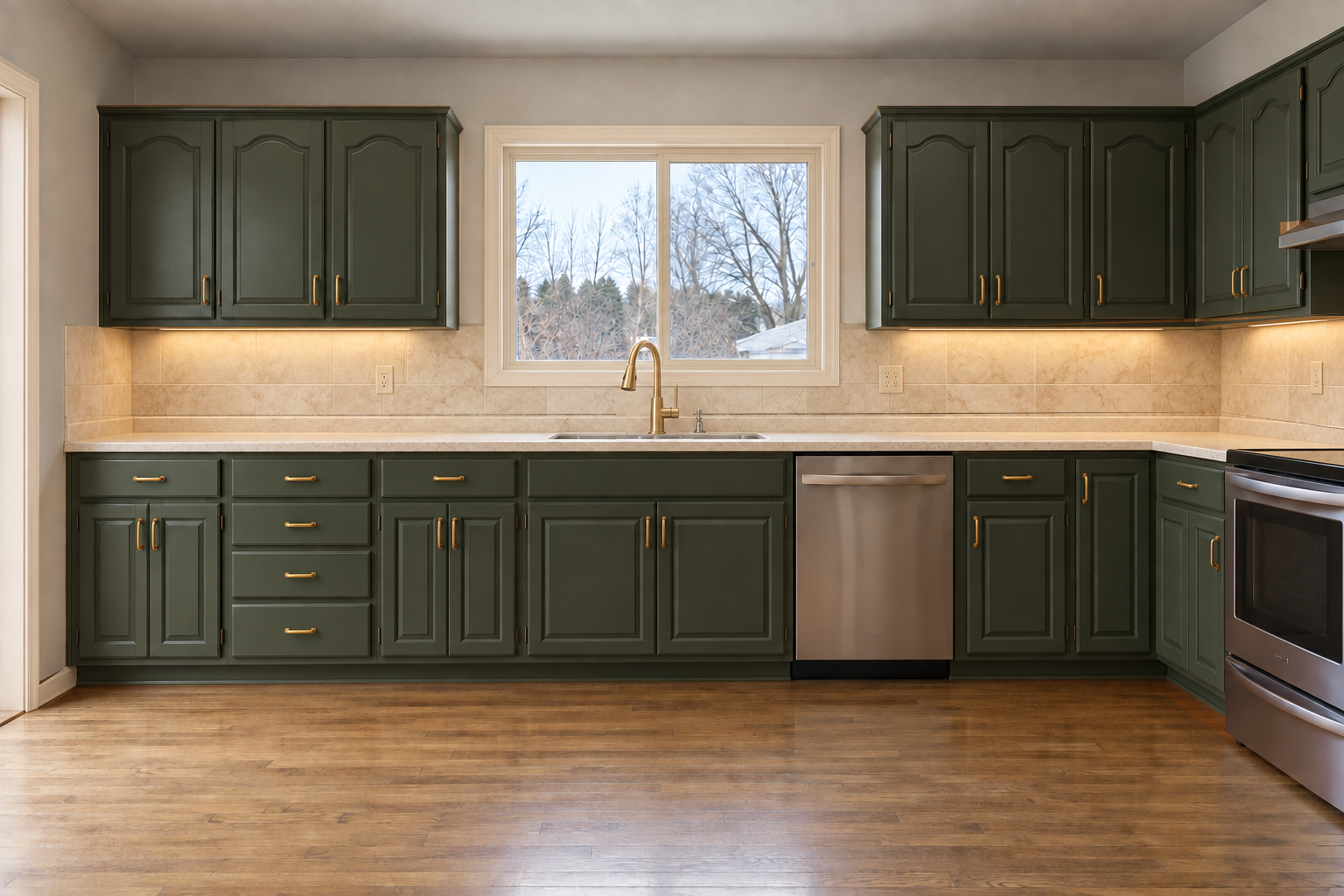 Same concept kitchen with green cabinets, stainless appliances, stone counters, a brass faucet and ivory trim.